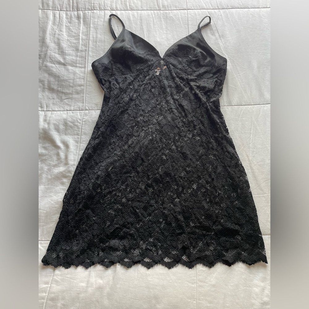 Vintage Black Lace Sheer‎ Mini Slip Dress Large 90s Vamp Whimsigoth Grunge Goth - Picture 1 of 8